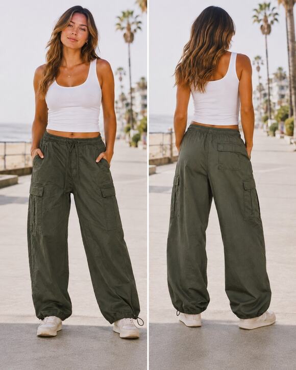Good American Pants - Good American Parachute Cargo Pants Drawstring Army Green (Fatigue) L NWT